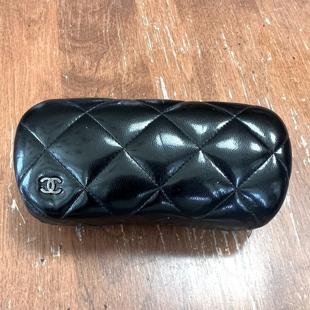 CHANEL black leather quilted sunglass case. No sunglasses just the case